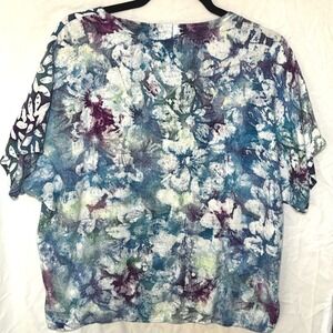 Batik Floral Lightweight Shirt Blouse Blue Artsy Vacation Beach Womens Med Large